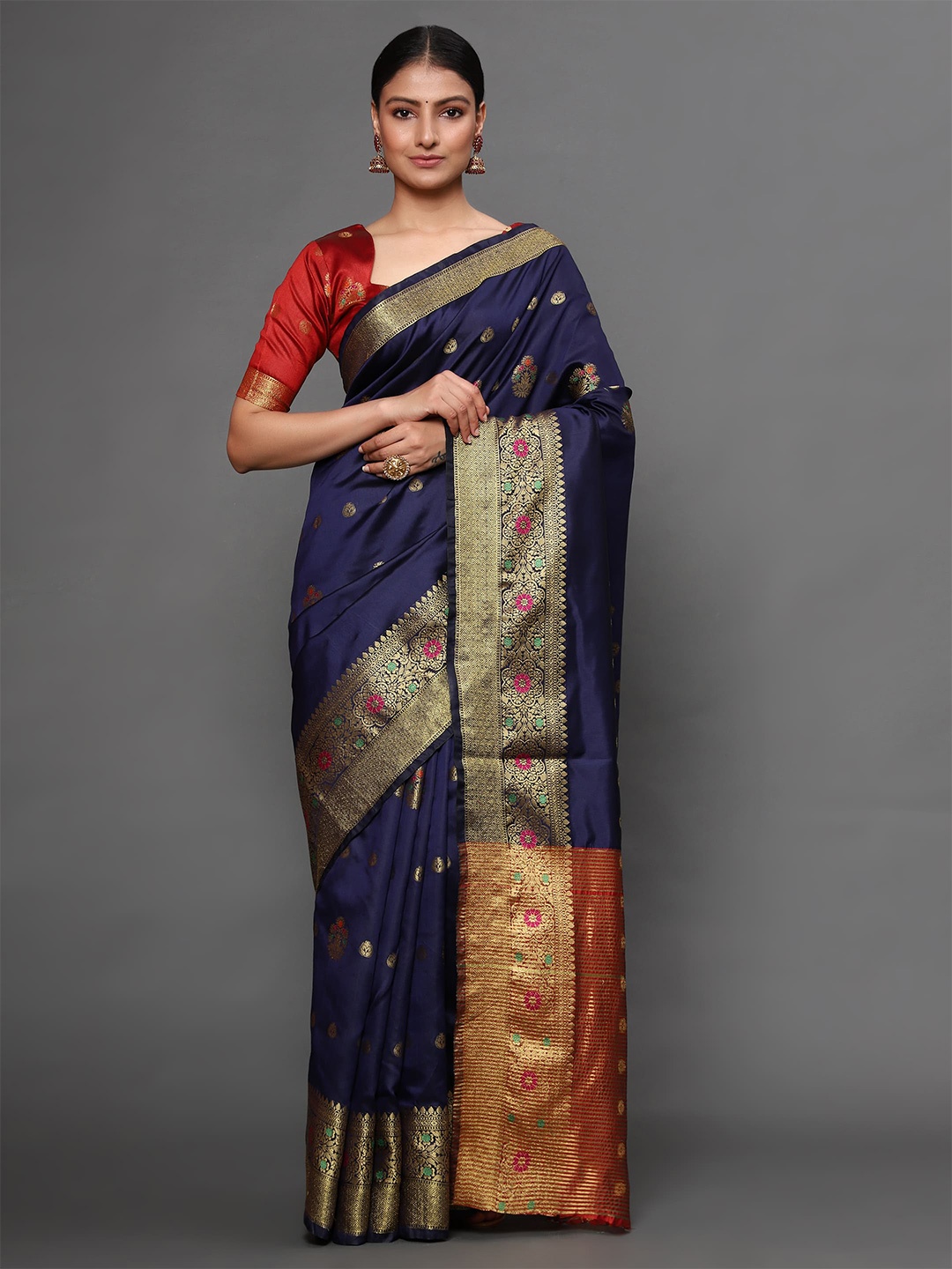 

Havida Sarees Navy Blue & Maroon Ethnic Motifs Zari Silk Blend Banarasi Saree