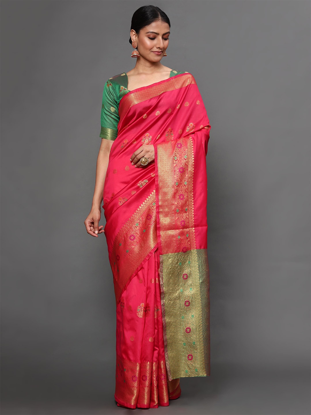 

Havida Sarees Pink & Gold-Toned Floral Zari Silk Blend Banarasi Saree