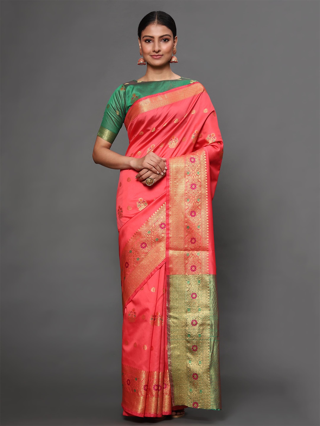 

Havida Sarees Pink & Golden Floral Zari Silk Blend Banarasi Saree