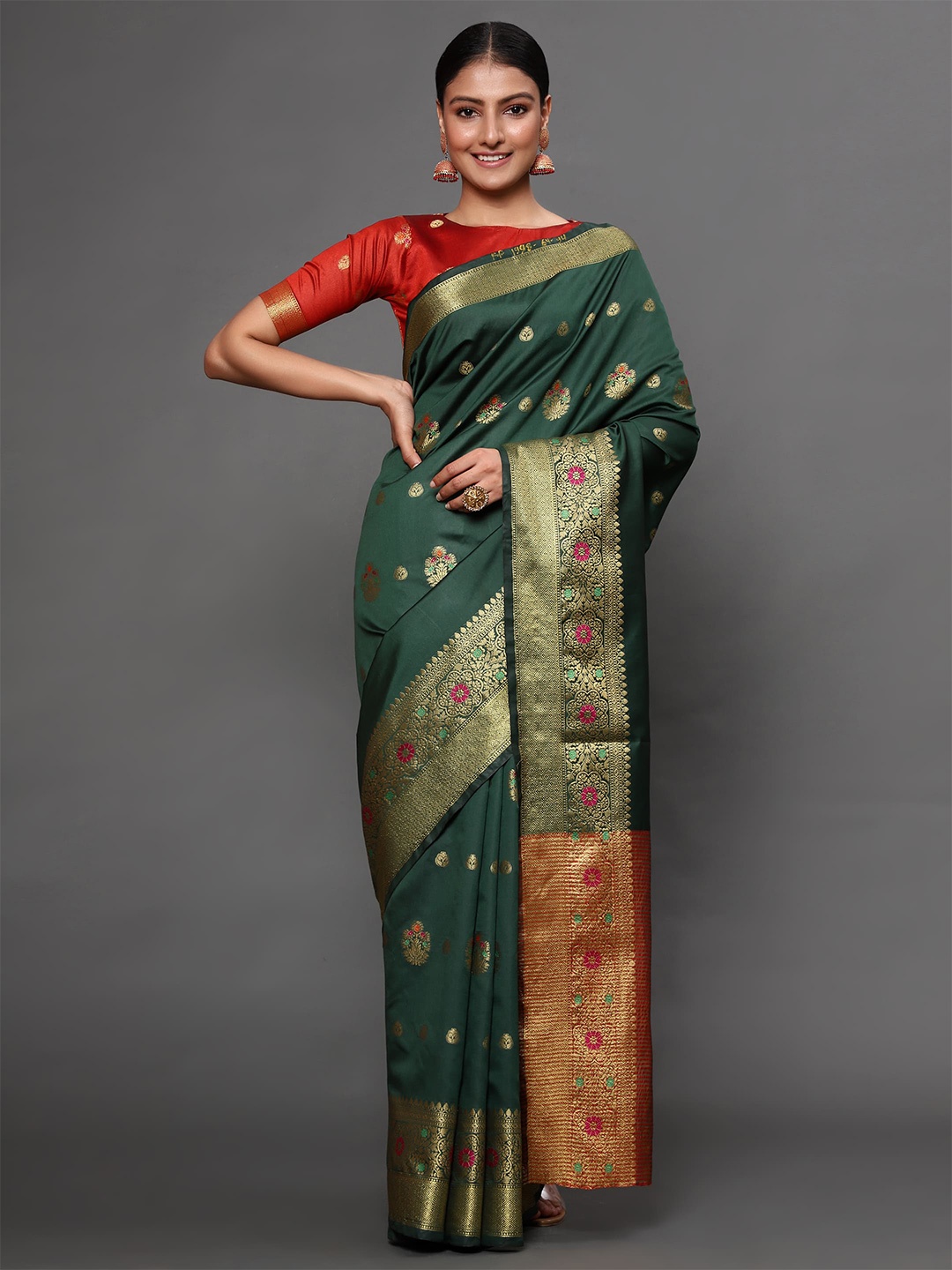 

Havida Sarees Green & Red Ethnic Motifs Zari Banarasi Saree