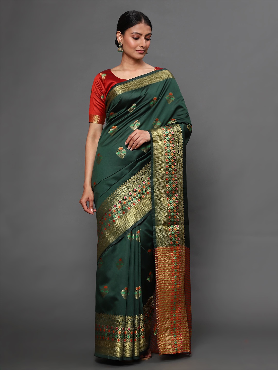 

Havida Sarees Green & Red Woven Design Zari Silk Blend Banarasi Saree