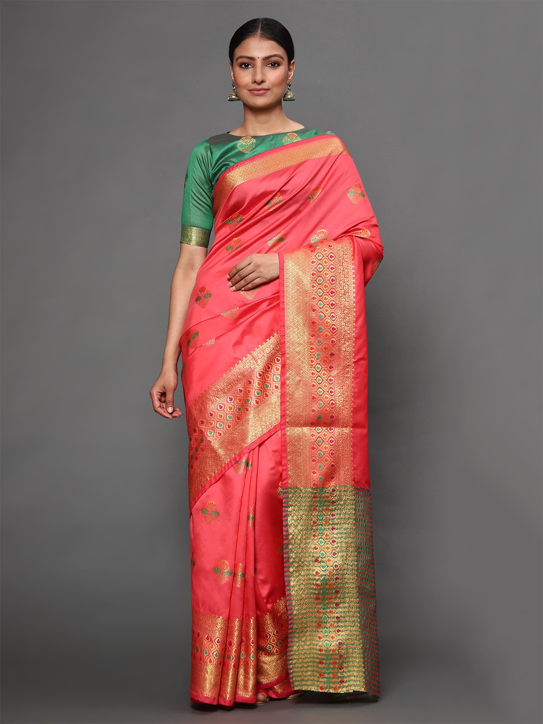 

Havida Sarees Pink & Green Floral Zari Silk Blend Banarasi Saree