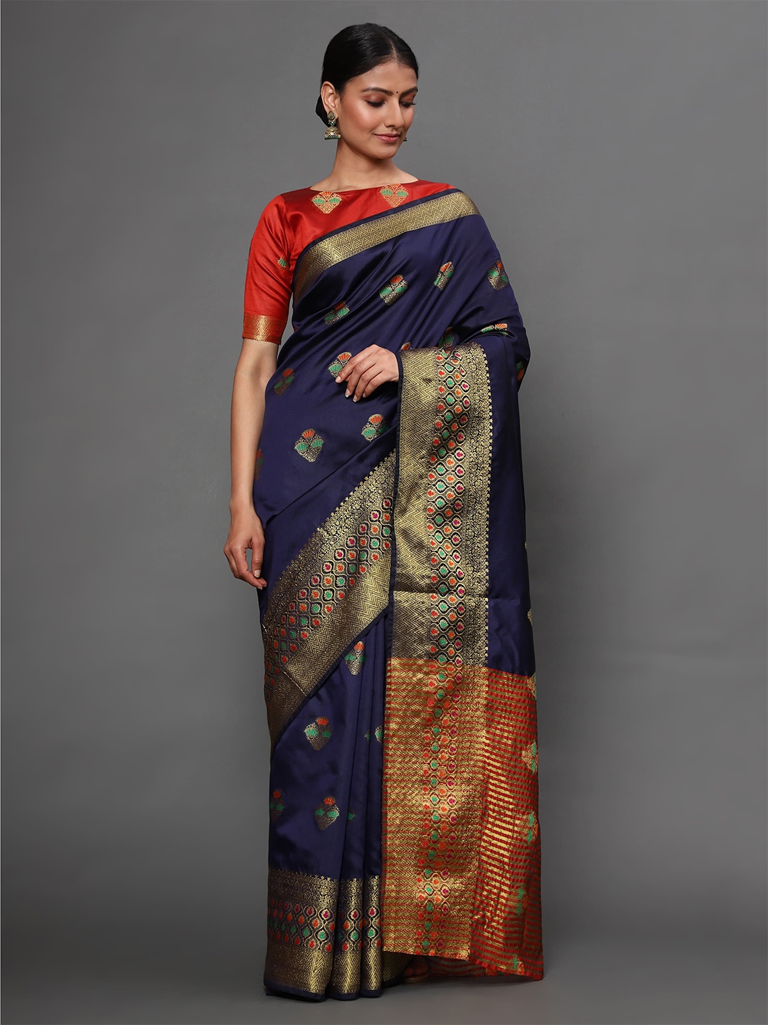 

Havida Sarees Navy Blue & Red Ethnic Motifs Zari Silk Blend Banarasi Saree