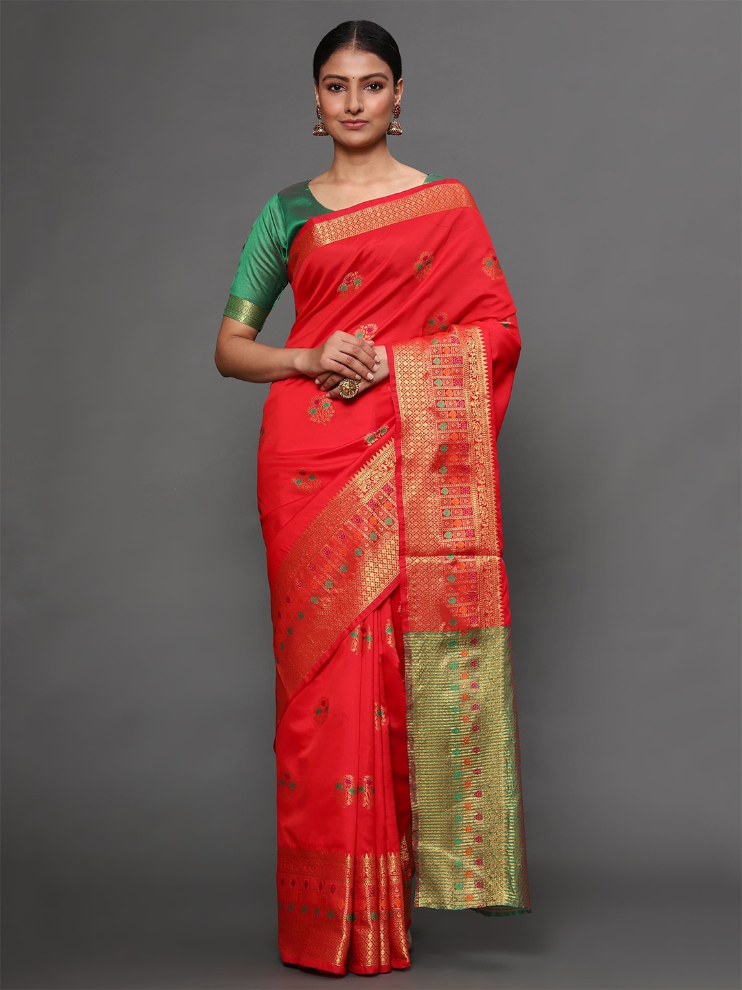 

Havida Sarees Red & Green Ethnic Motifs Zari Banarasi Saree