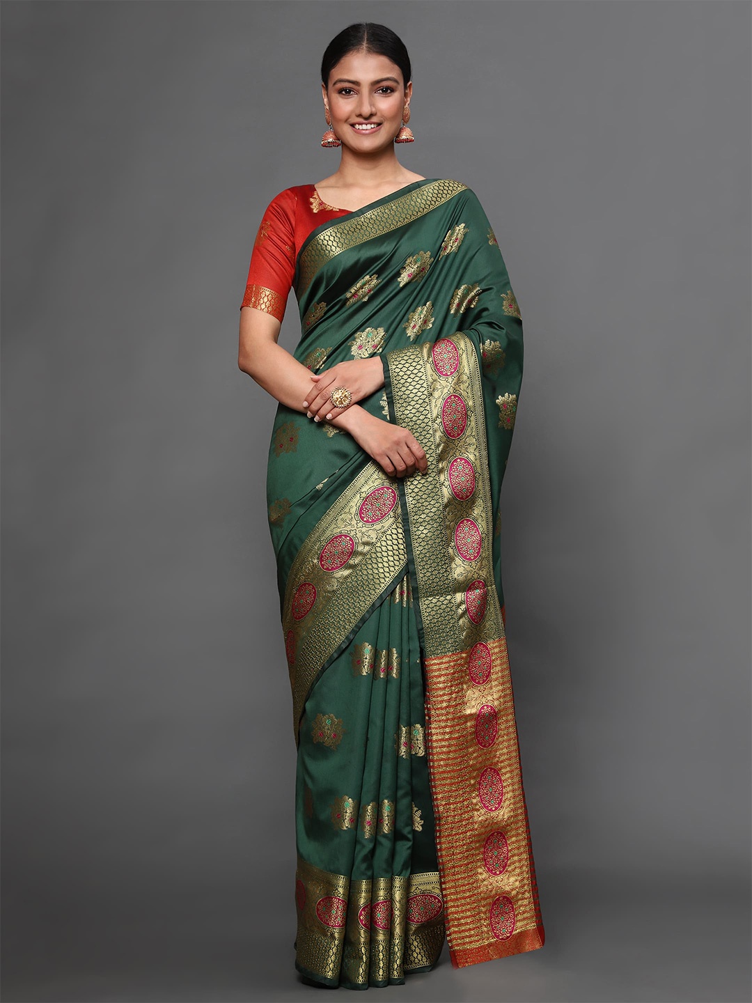 

Havida Sarees Green & Red Ethnic Motifs Zari Silk Blend Banarasi Saree
