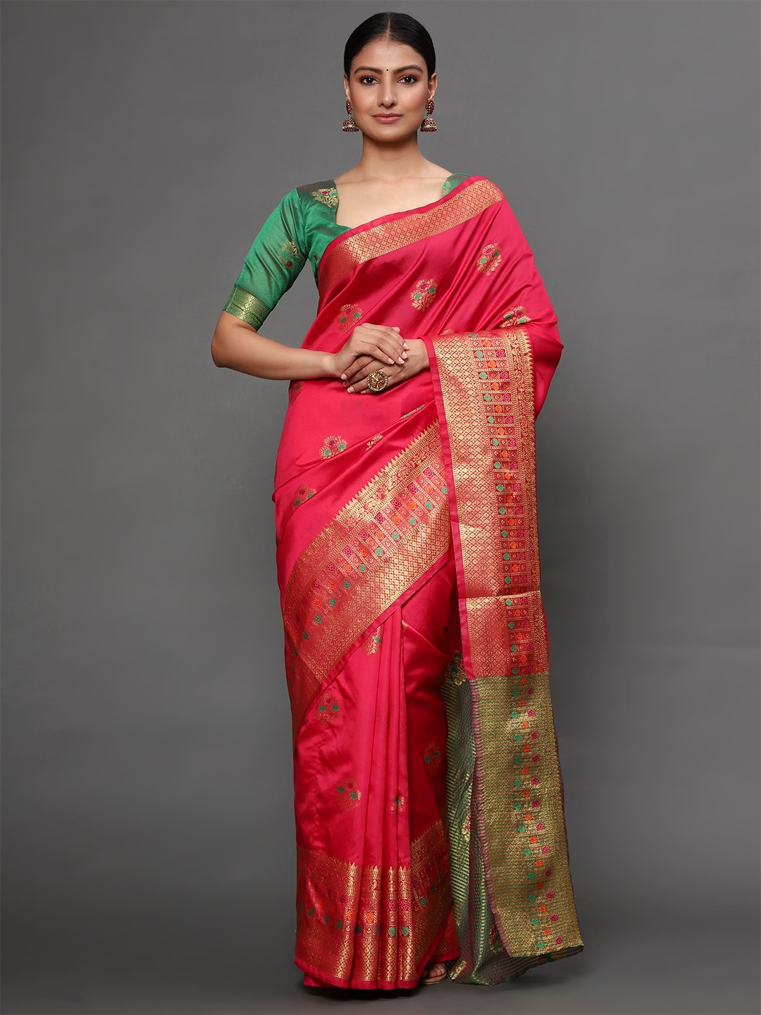 

Havida Sarees Pink & Green Ethnic Motifs Zari Silk Blend Banarasi Saree