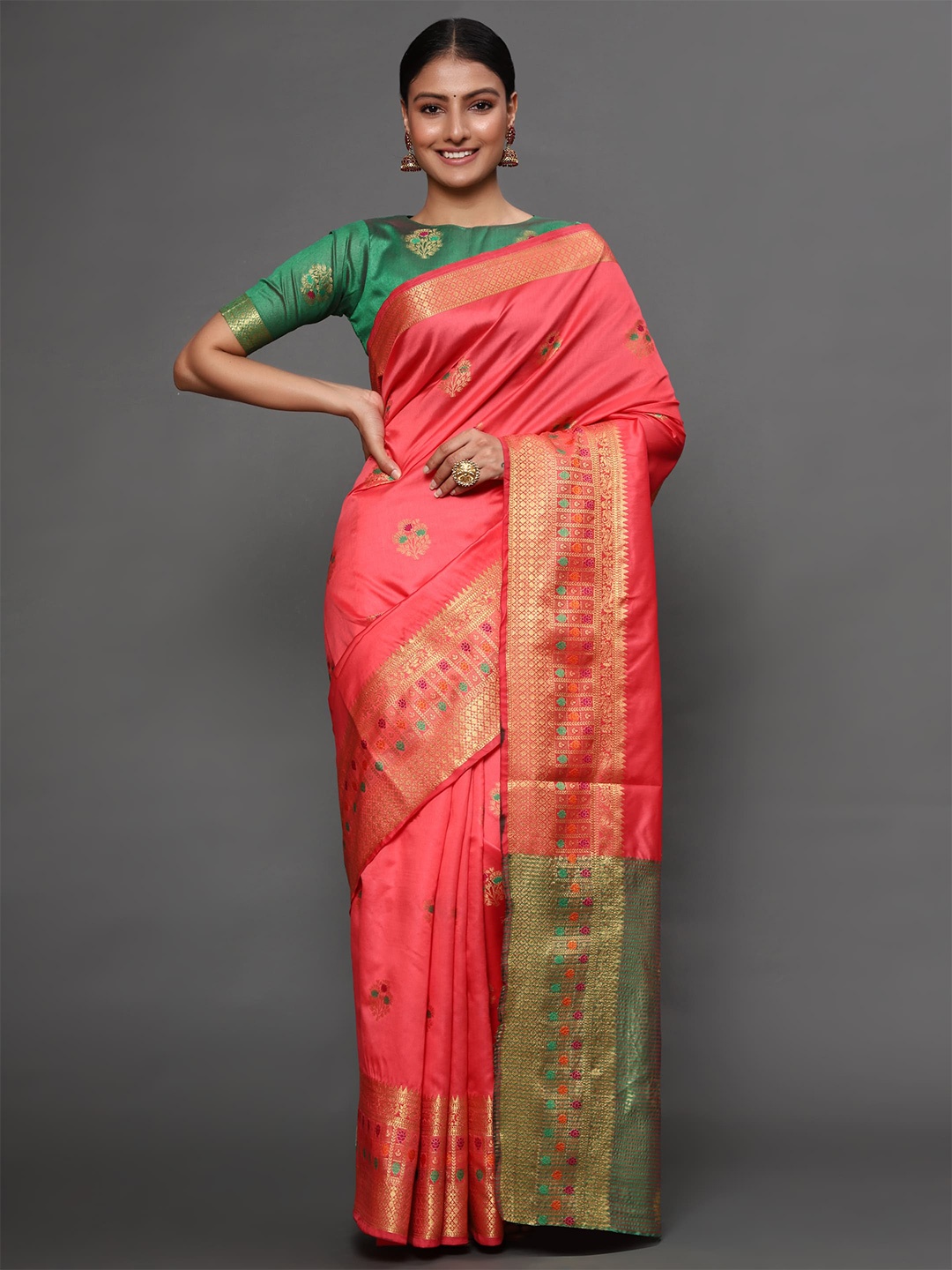 

Havida Sarees Pink & Green Ethnic Motifs Zari Banarasi Saree