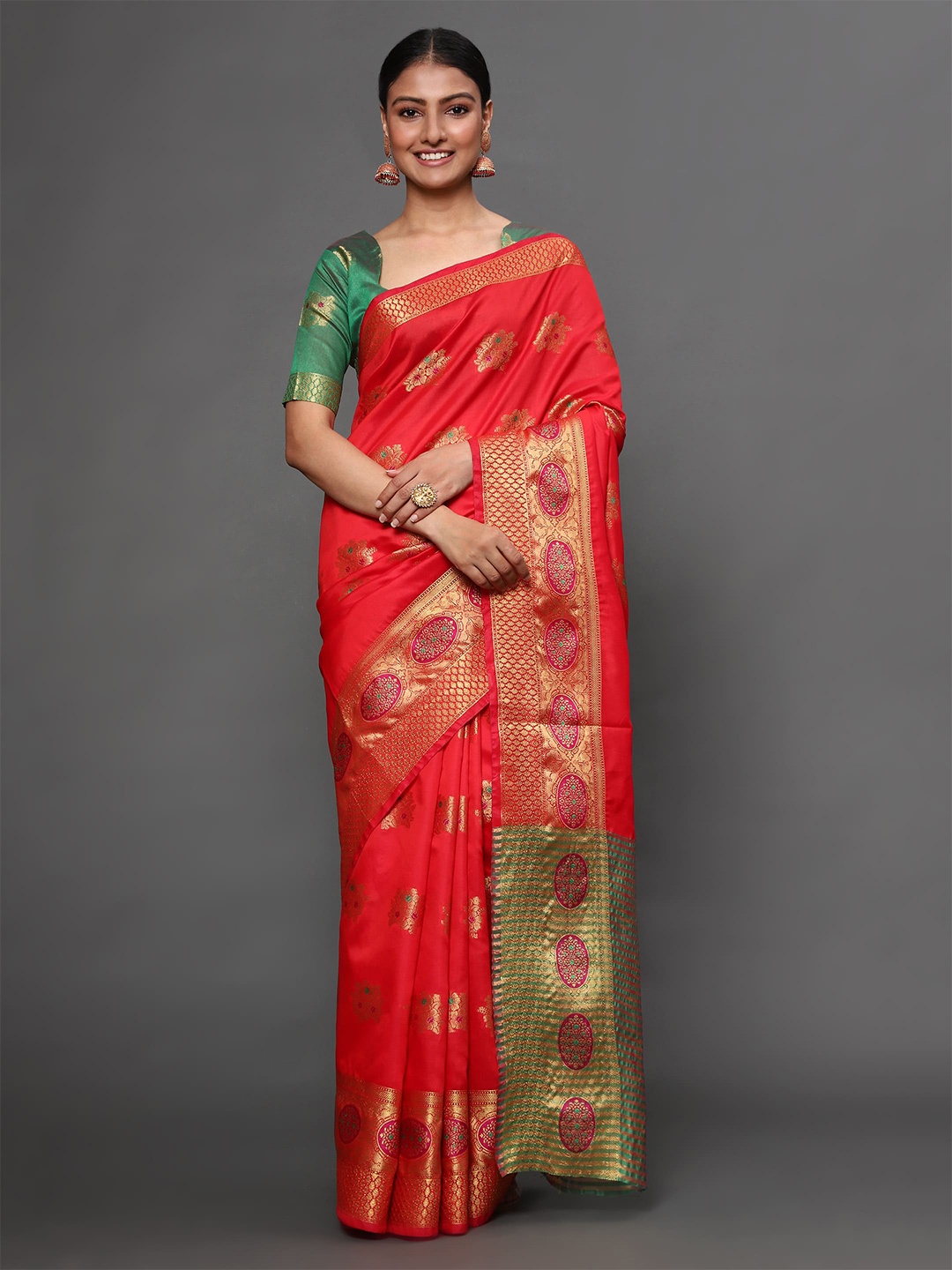 

Havida Sarees Red & Green Floral Zari Silk Blend Banarasi Saree