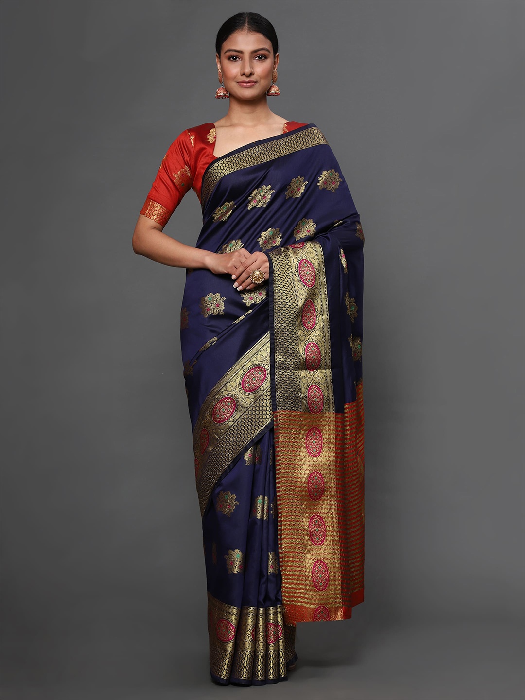 

Havida Sarees Navy Blue Woven Design Silk Blend Banarasi Saree
