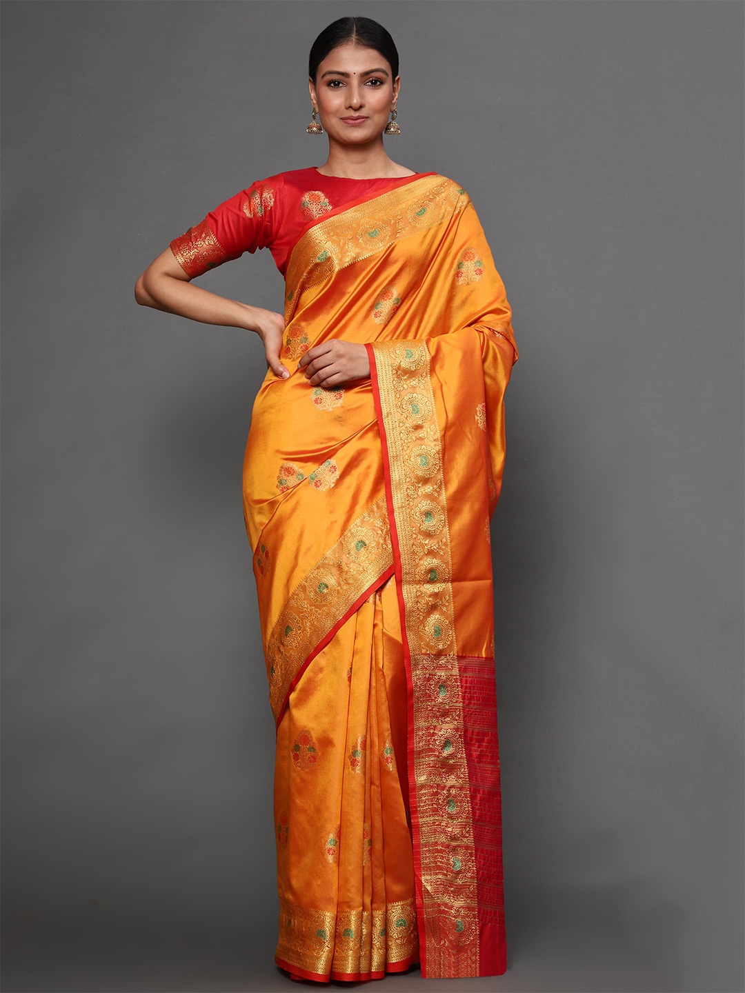 

Havida Sarees Gold-Toned & Yellow Floral Zari Silk Blend Banarasi Saree