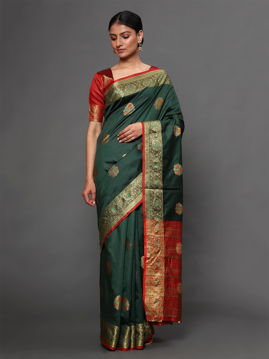 

Havida Sarees Green & Red Ethnic Motifs Zari Silk Blend Banarasi Saree