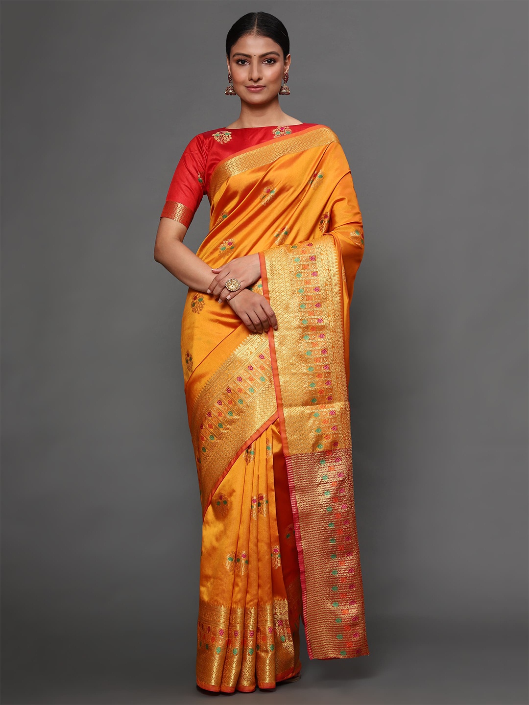 

Havida Sarees Gold-Toned & Orange Ethnic Motifs Zari Banarasi Saree