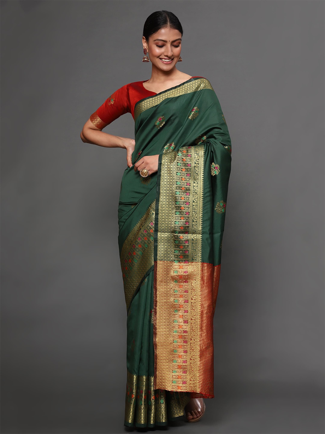 

Havida Sarees Green & Red Floral Zari Silk Blend Banarasi Saree