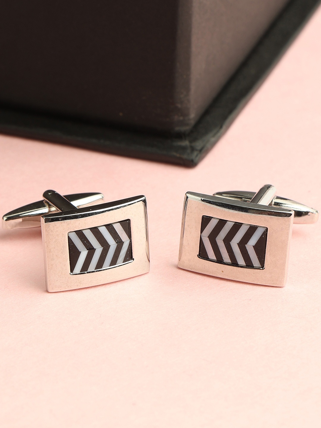 

Alvaro Castagnino Silver-Toned & Black Striped Rectangle Cufflink