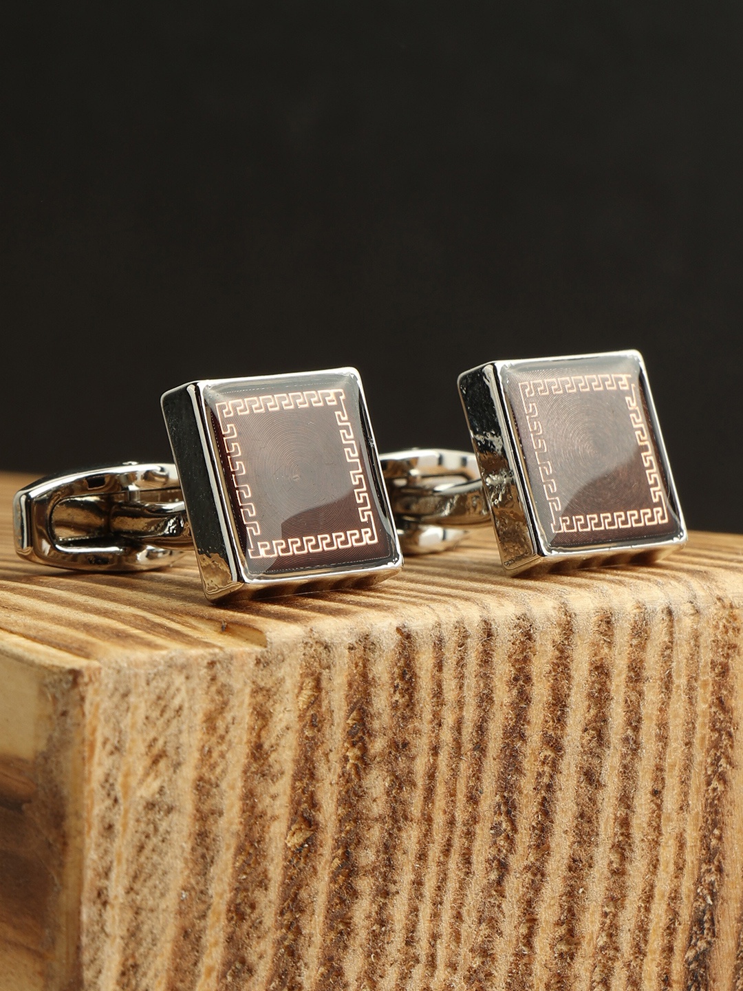 

Alvaro Castagnino Brown & Silver-Toned Embellished Square Cufflink