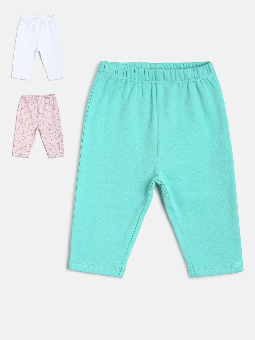 

MINI KLUB Infant Girls Pack Of 3 Pure Cotton Ankle-Length Leggings, Sea green