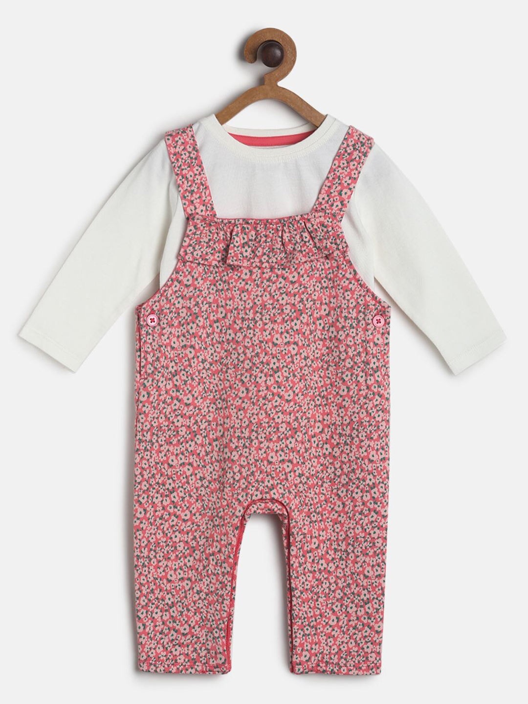 

MINI KLUB Girls Pink & White Printed Dungaree Set