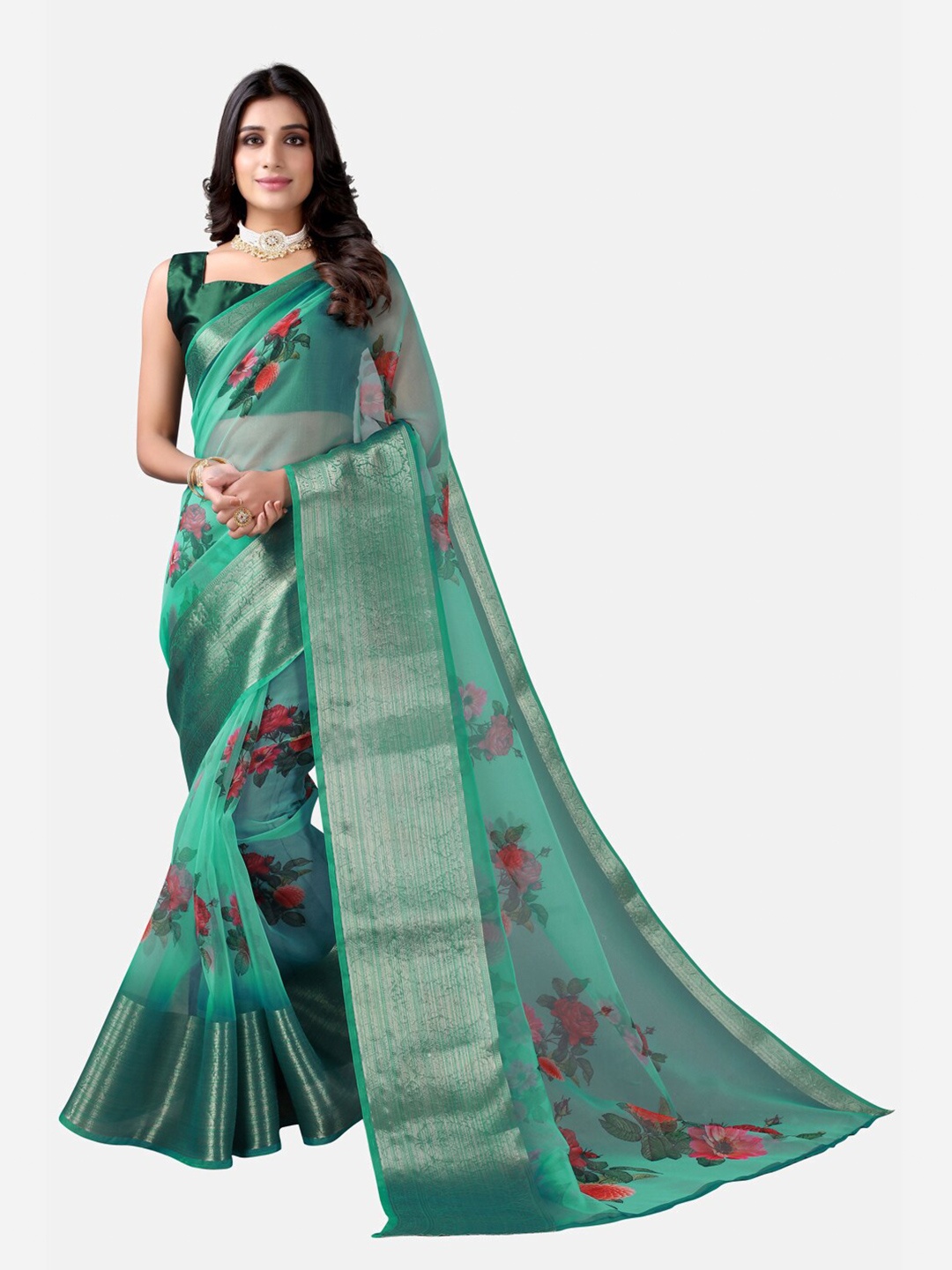 

Satrani Green & Red Floral Printed Organza Saree