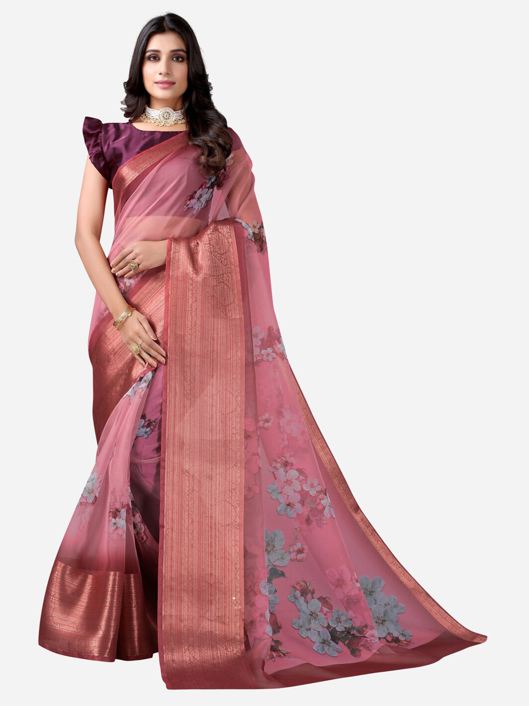 

Satrani Pink & Blue Floral Zari Organza Saree
