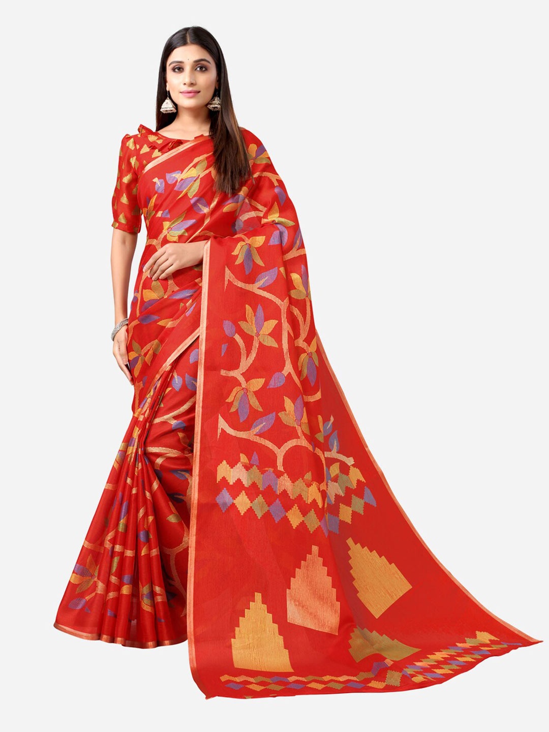 

Satrani Red & Blue Floral Printed Zari Poly Silk Saree