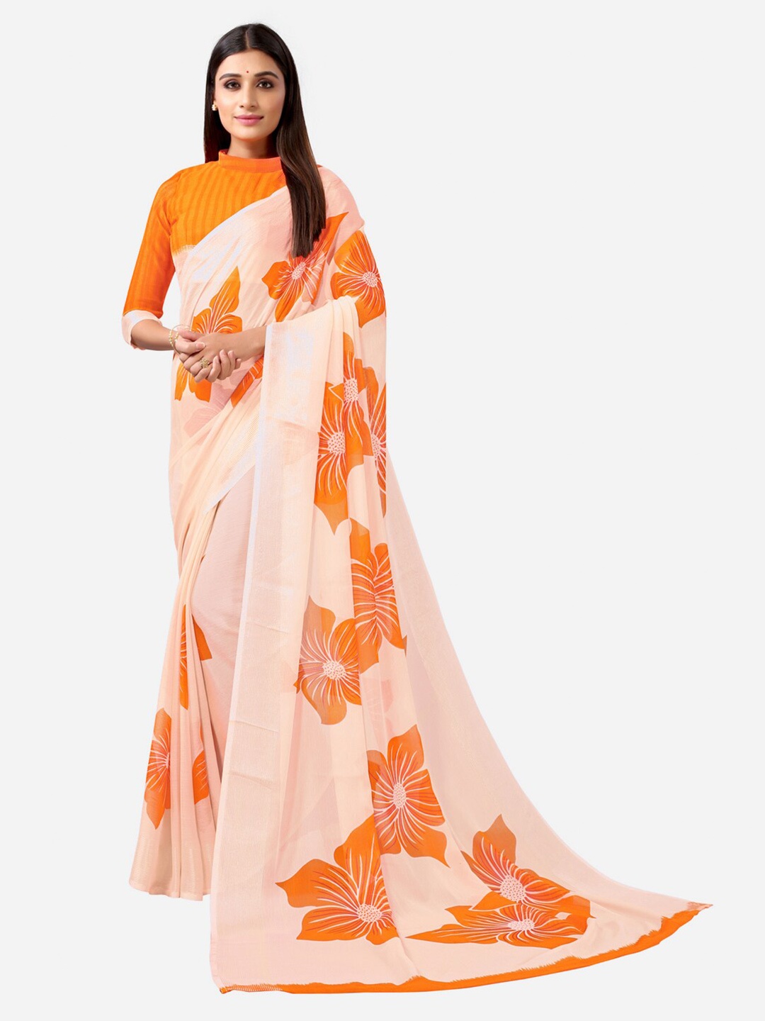 

Satrani Cream-Coloured & Orange Floral Printed Poly Chiffon Saree