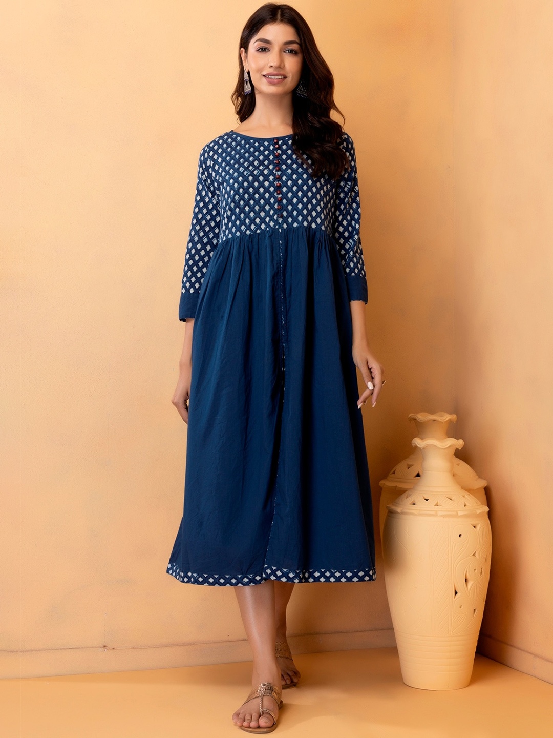 

Geroo Jaipur Hand Block Cotton Print Dress, Blue