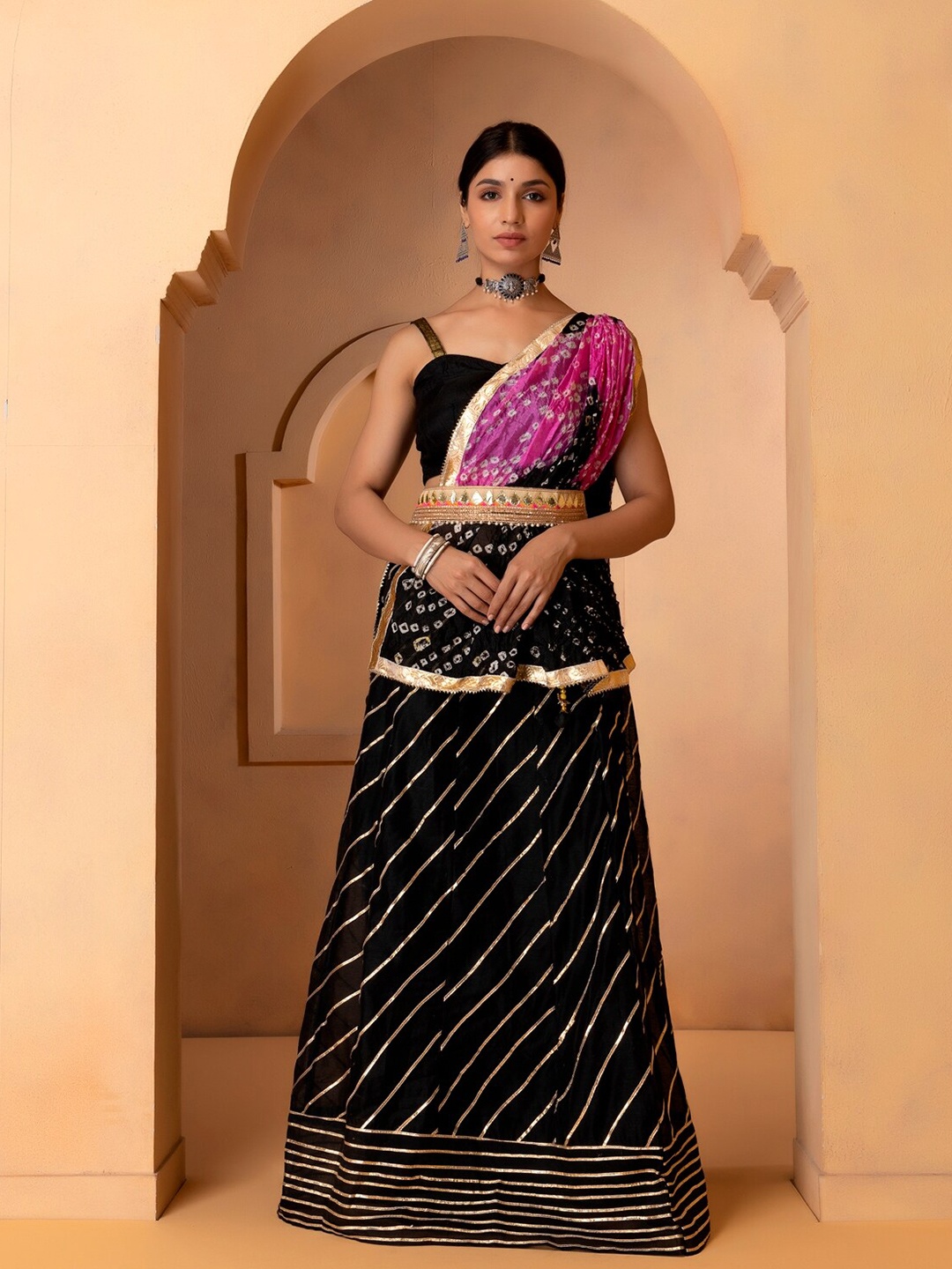 

Geroo Jaipur Black & Purple Embellished Ready to Wear Lehenga & Unstitched Blouse With Dupatta