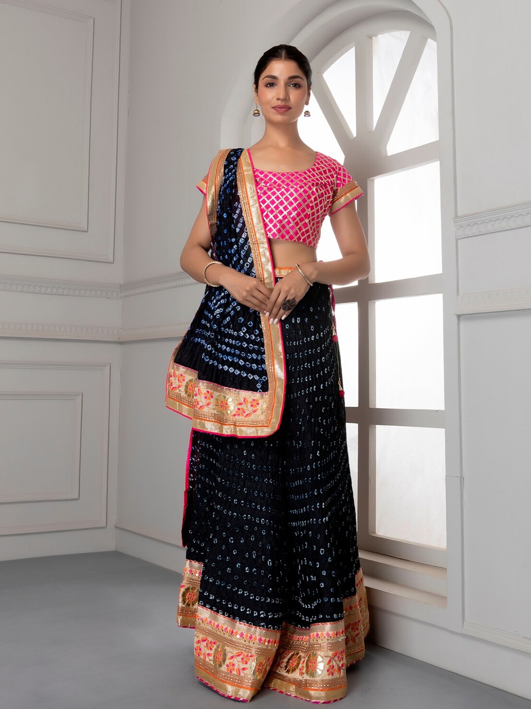 

Geroo Jaipur Handcrafted Gota Patti Bandhani Lehenga Set, Black