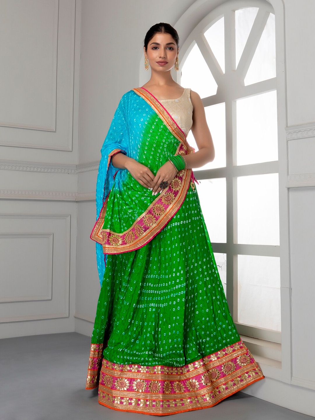 

Geroo Jaipur Green & Blue Embellished Ready to Wear Lehenga & Unstitched Blouse With Dupatta