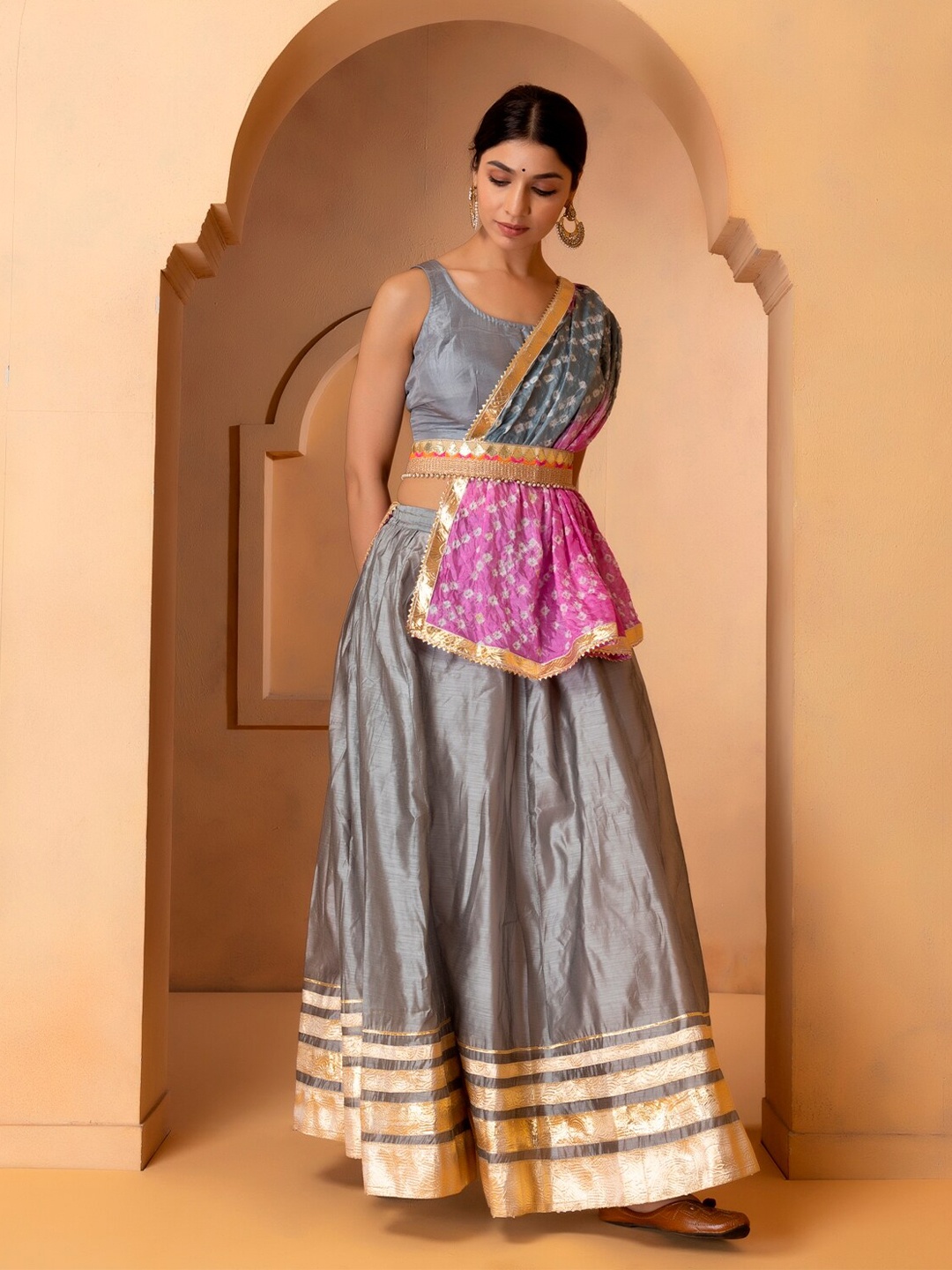 

Geroo Jaipur Grey & Pink Embellished Ready to Wear Lehenga & Unstitched Blouse With Dupatta