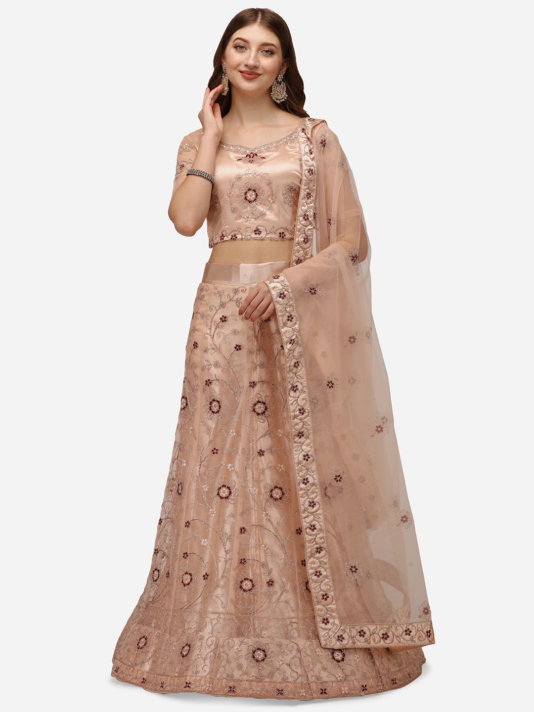 

Netram Peach-Coloured & Maroon Embroidered Semi-Stitched Lehenga & Unstitched Blouse With Dupatta