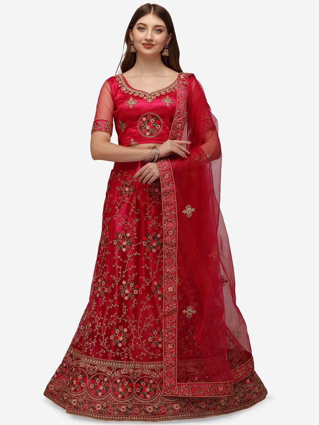 

Netram Red Embroidered Semi-Stitched Lehenga & Unstitched Choli With Dupatta