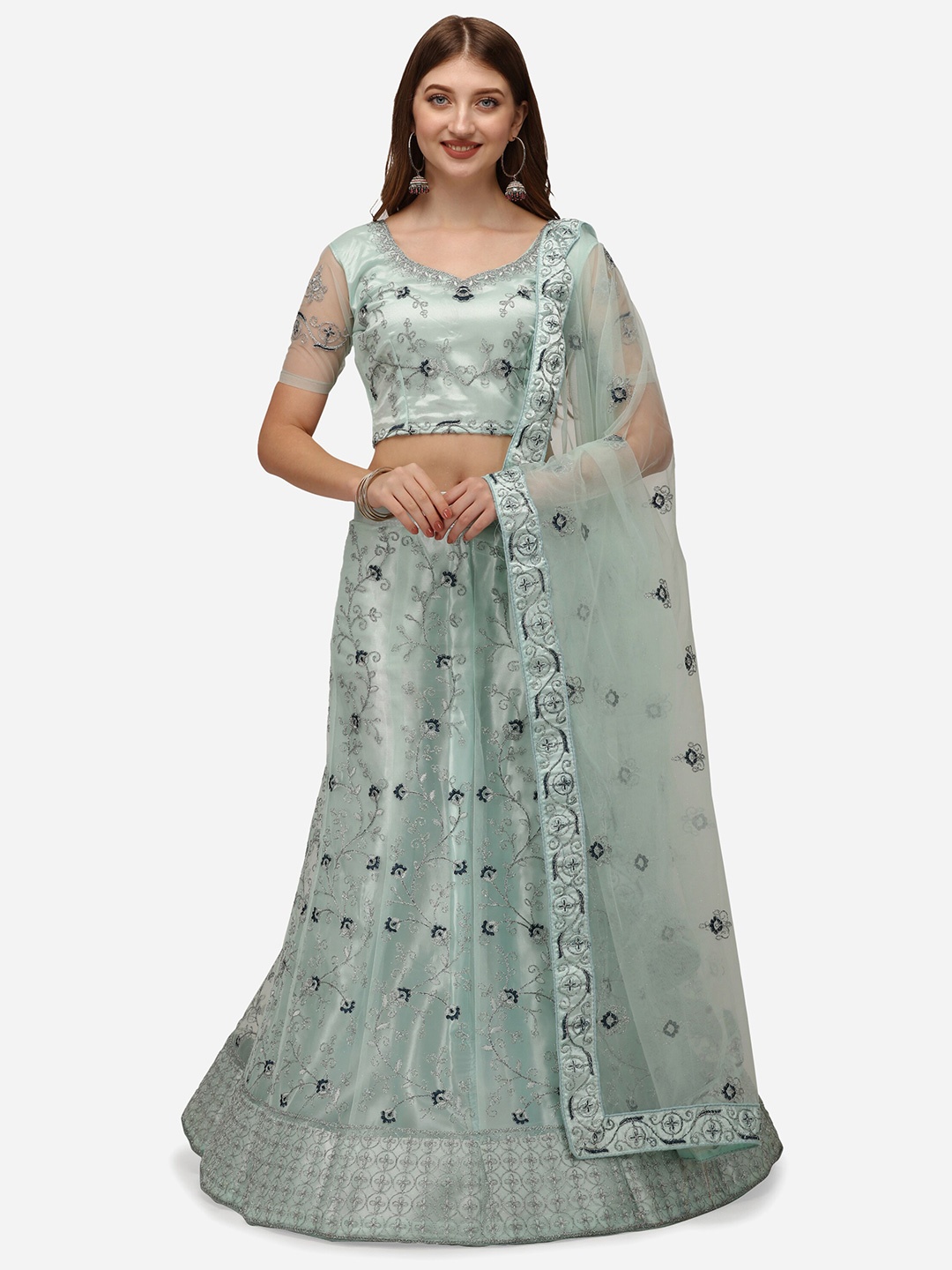 

Netram Turquoise Blue Embroidered Semi-Stitched Lehenga & Unstitched Choli With Dupatta