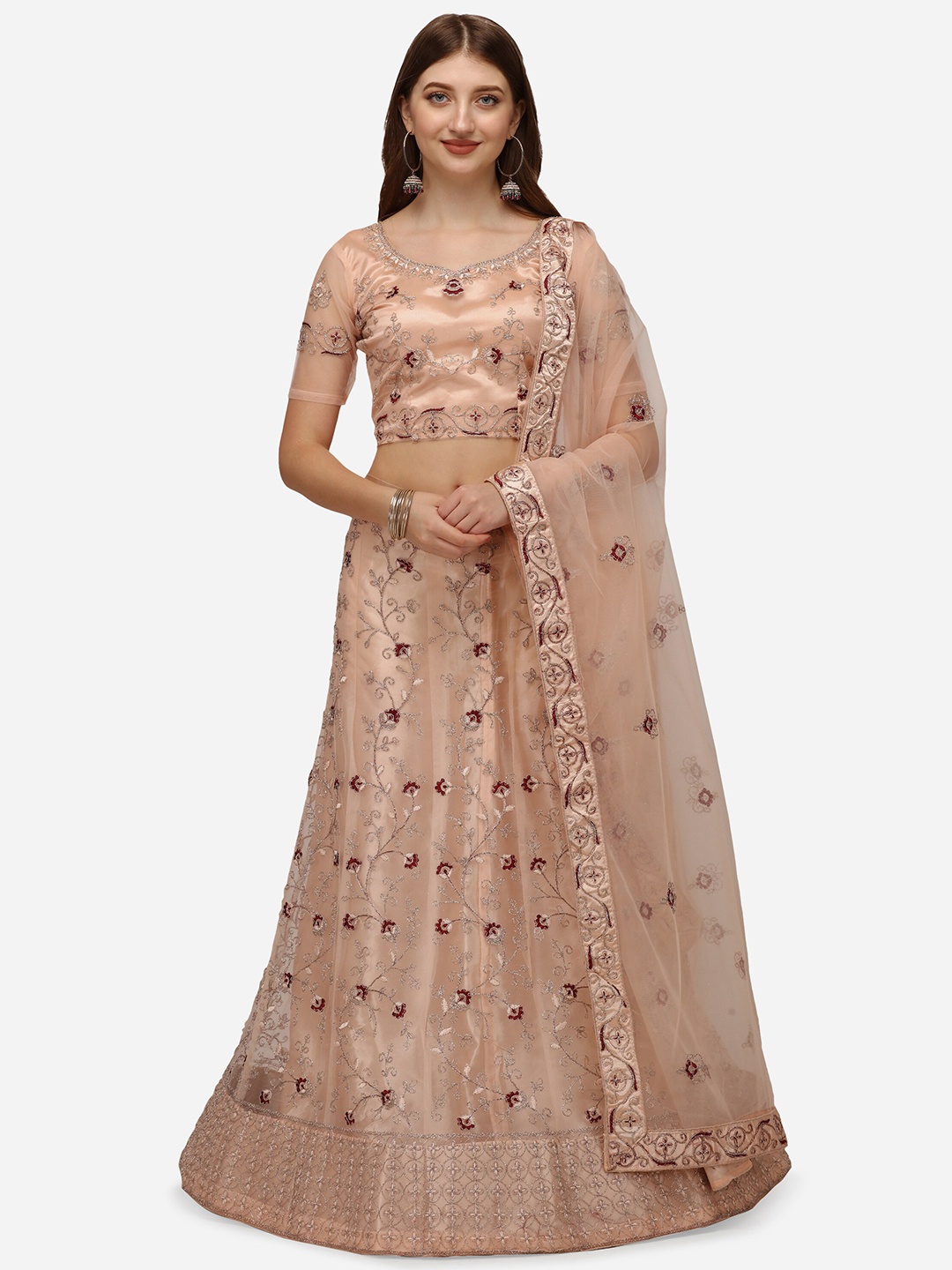 

Netram Peach-Coloured & Maroon Embroidered Semi-Stitched Lehenga & Unstitched Blouse With Dupatta