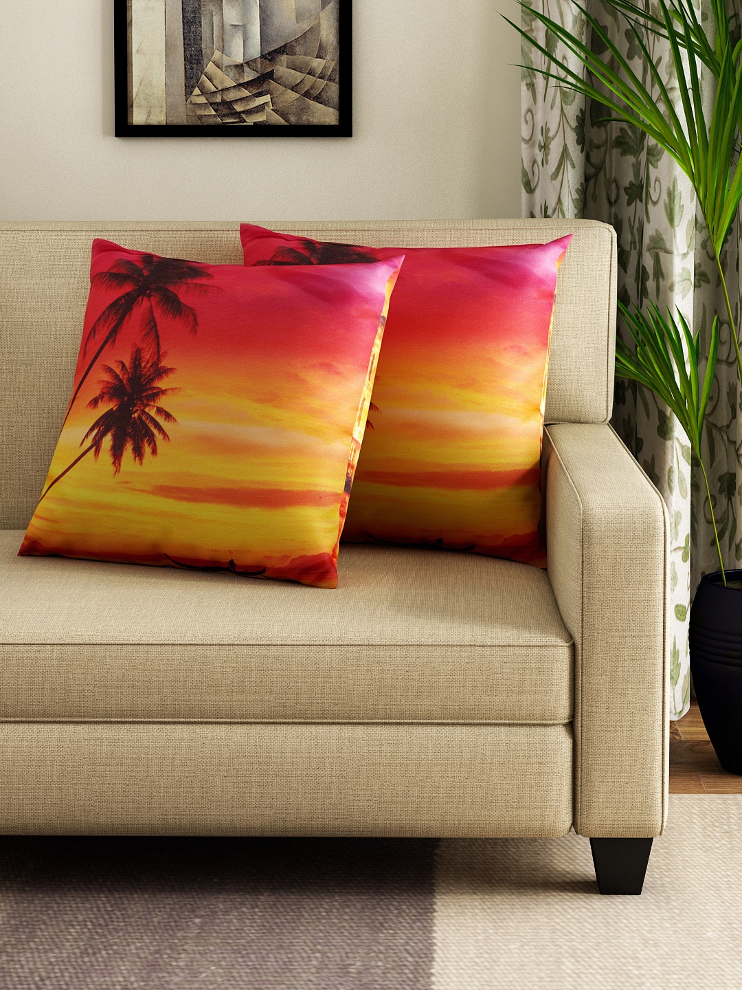 

SWAYAM Orange & Yellow Set of 2 Printed 16"x16" Square Cushion Covers