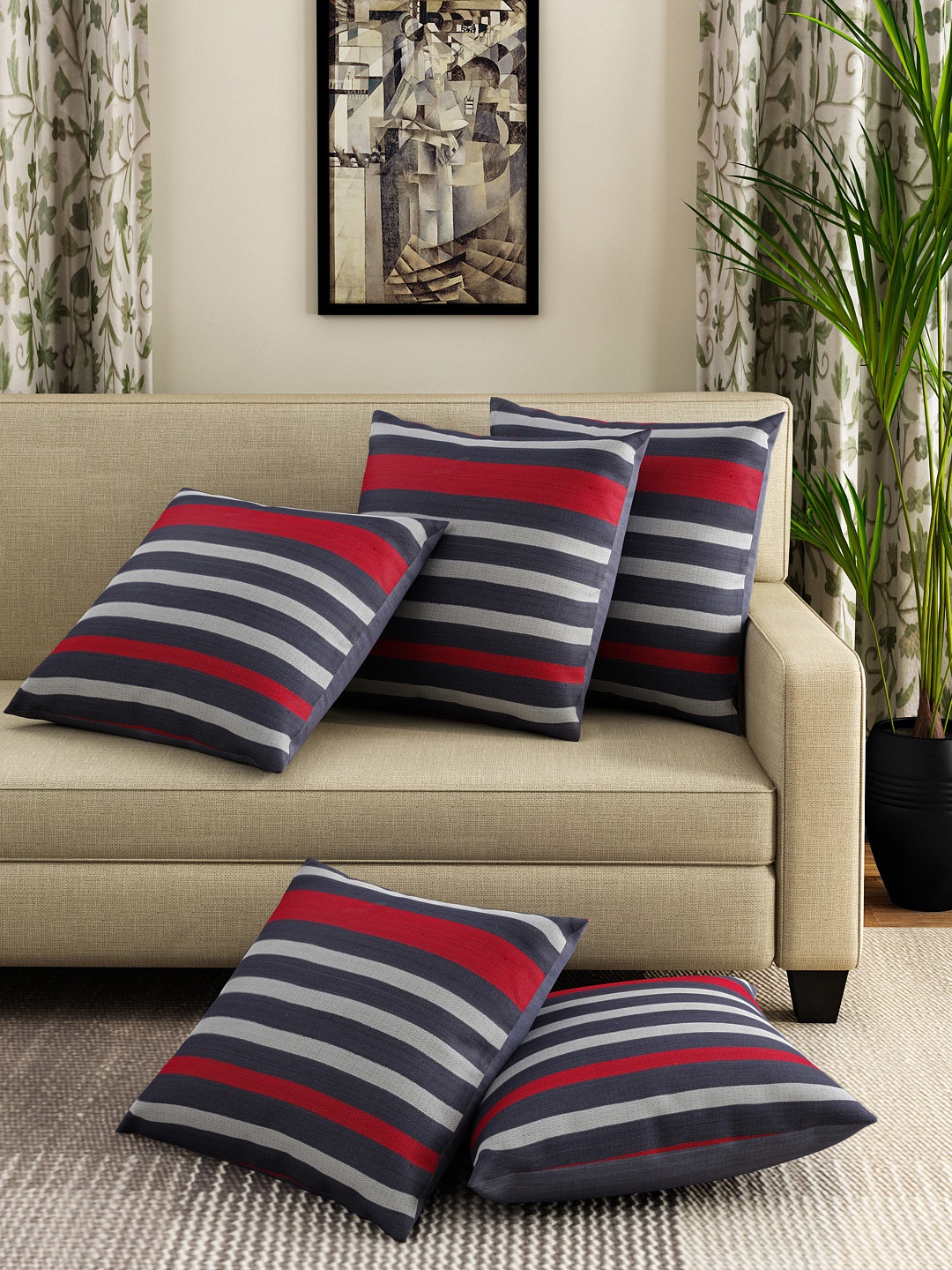 

SWAYAM Set of 5 Navy & White Striped 16'' x 16'' Square Cushion Covers, Navy blue