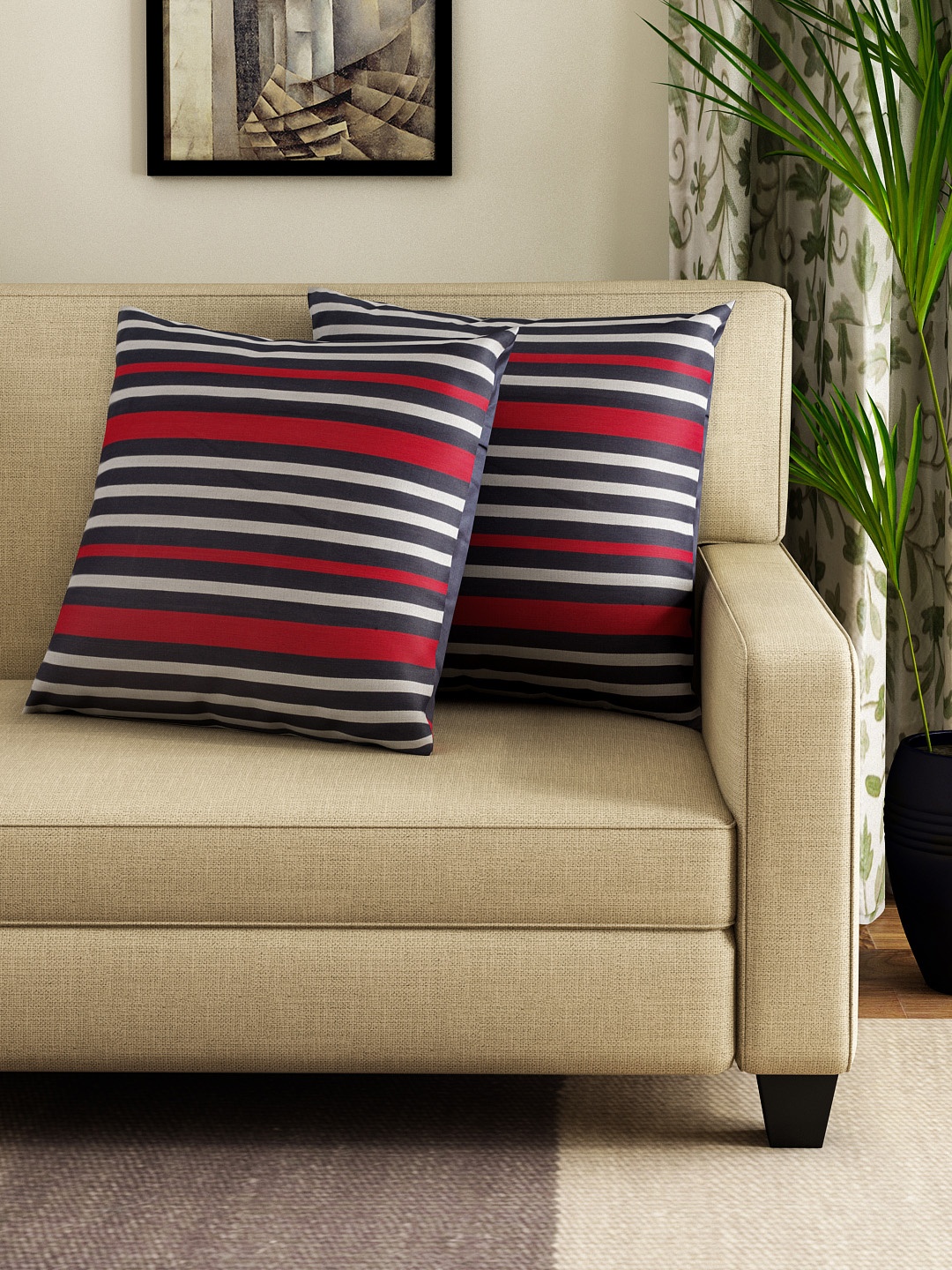 

SWAYAM Navy & White Set of 2 Striped 24"x24" Square Cushion Covers, Navy blue