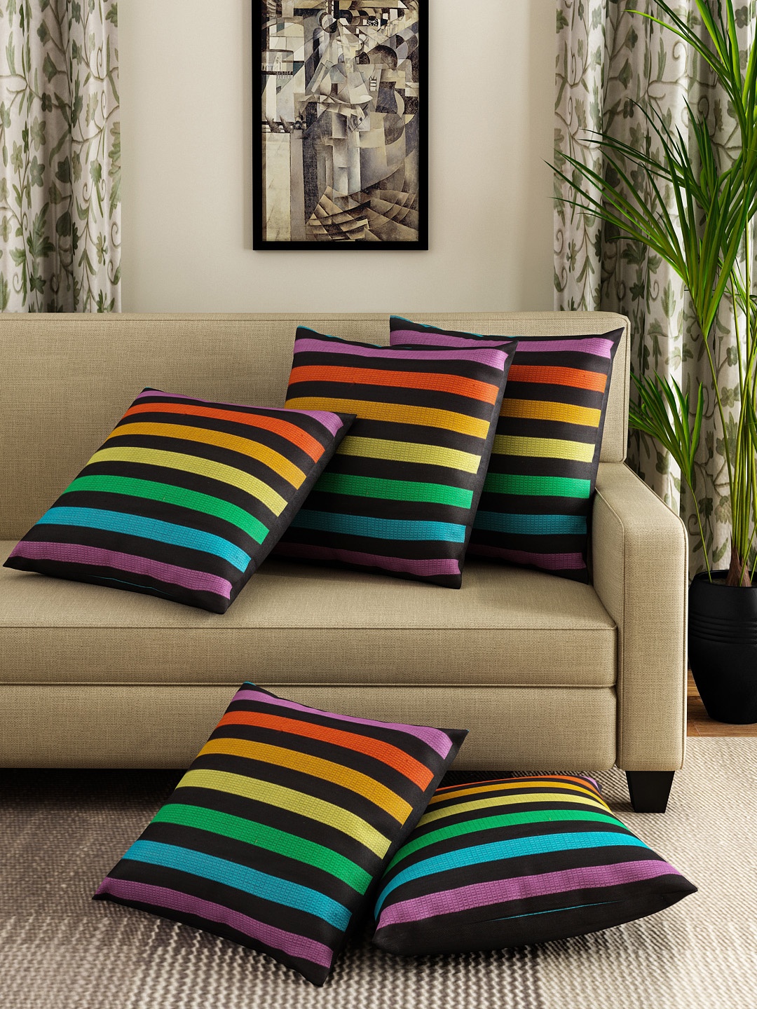 

SWAYAM Multicoloured Set of 5 Striped 12'' x 12'' Square Cushion Covers, Multi