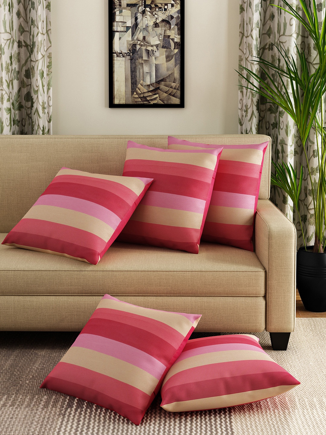 

SWAYAM Pink & Cream-Coloured Set of 5 Striped 16" x 16" Square Cushion Covers