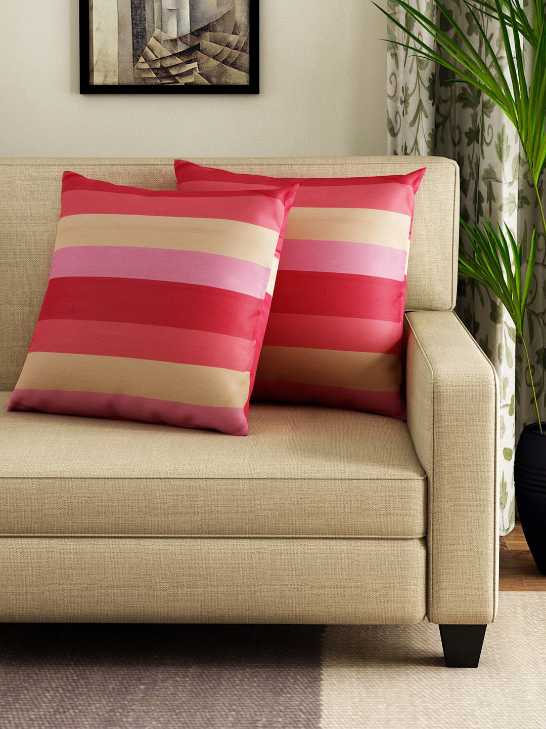 

SWAYAM Set of 2 Pink & Cream-Coloured Striped 24" x 24" Square Cushion Covers