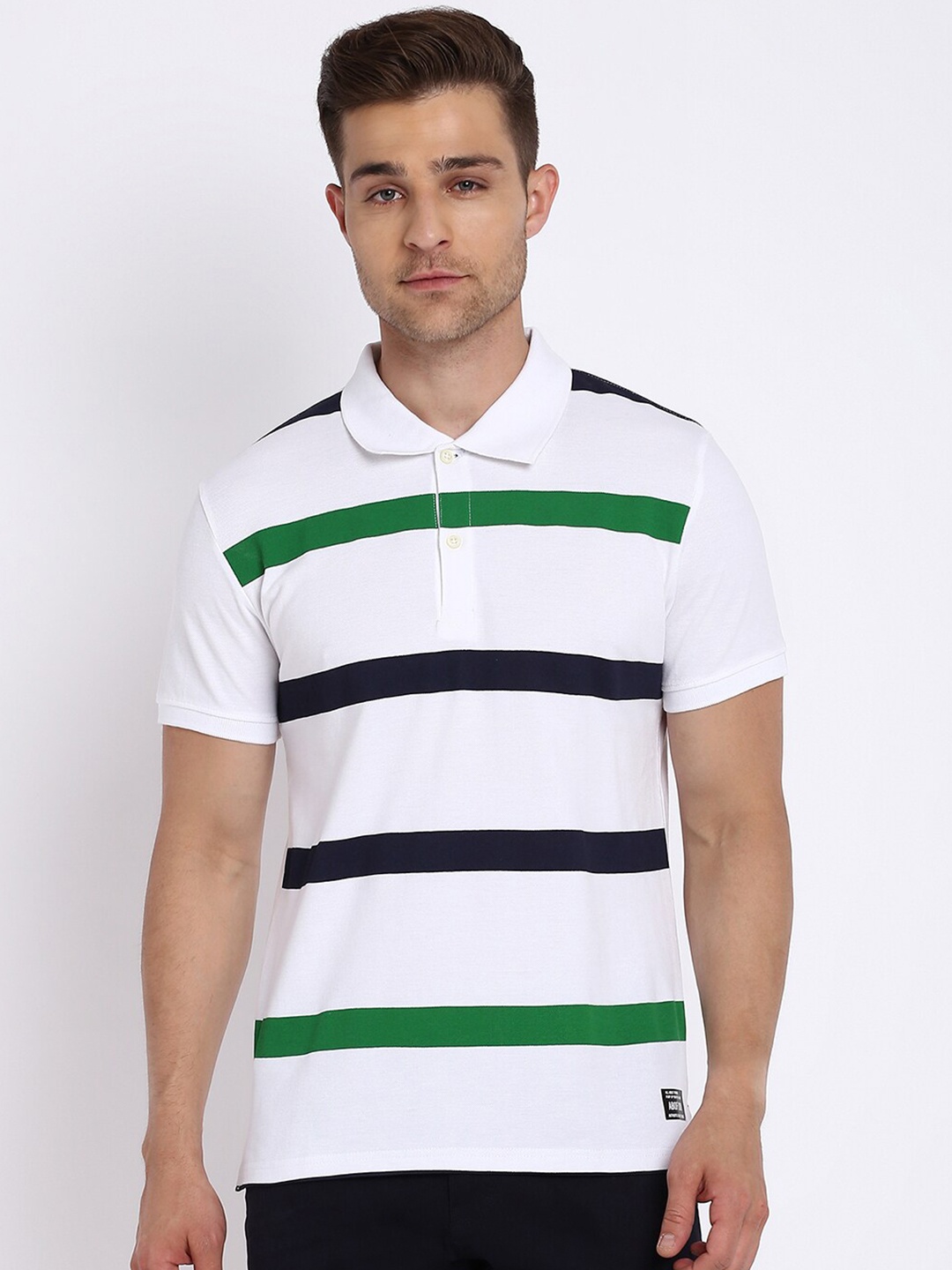 

abof Men White Striped Polo Collar T-shirt