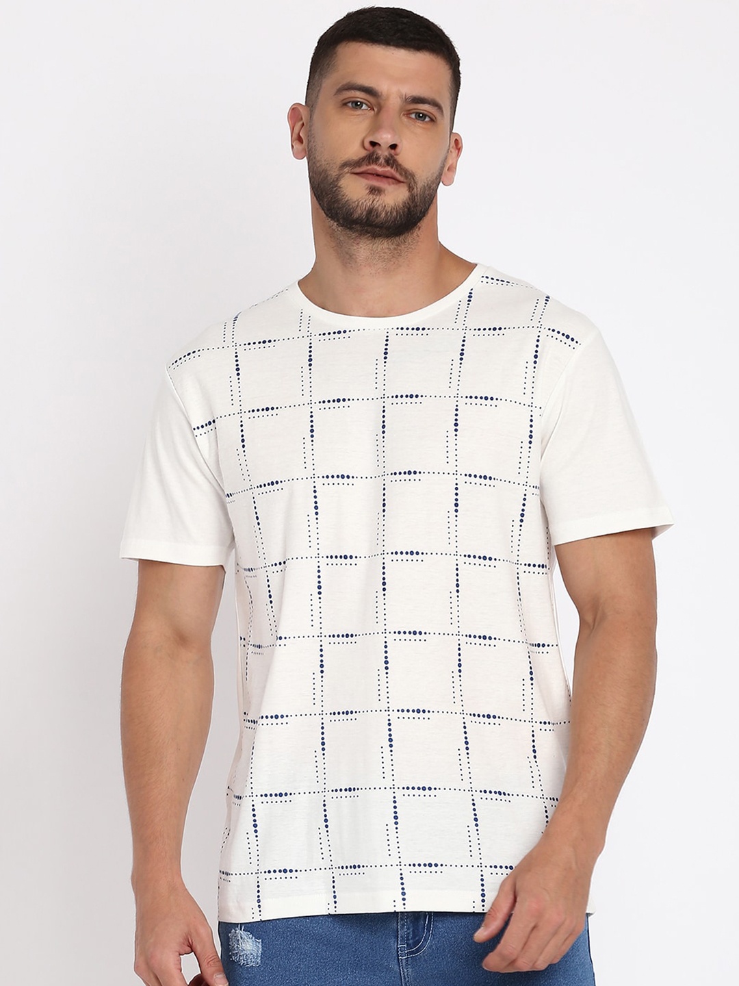 

abof Men White Checked Monochrome T-shirt
