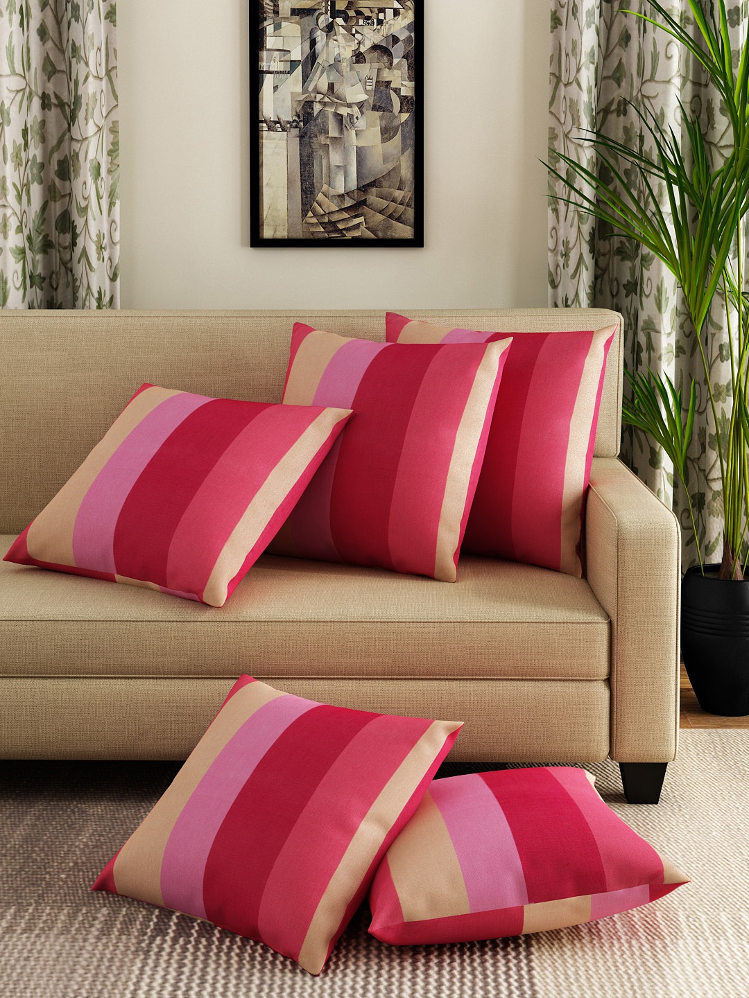 

SWAYAM Pink & Cream-Coloured Set of 5 Striped 24" x 24" Square Cushion Covers