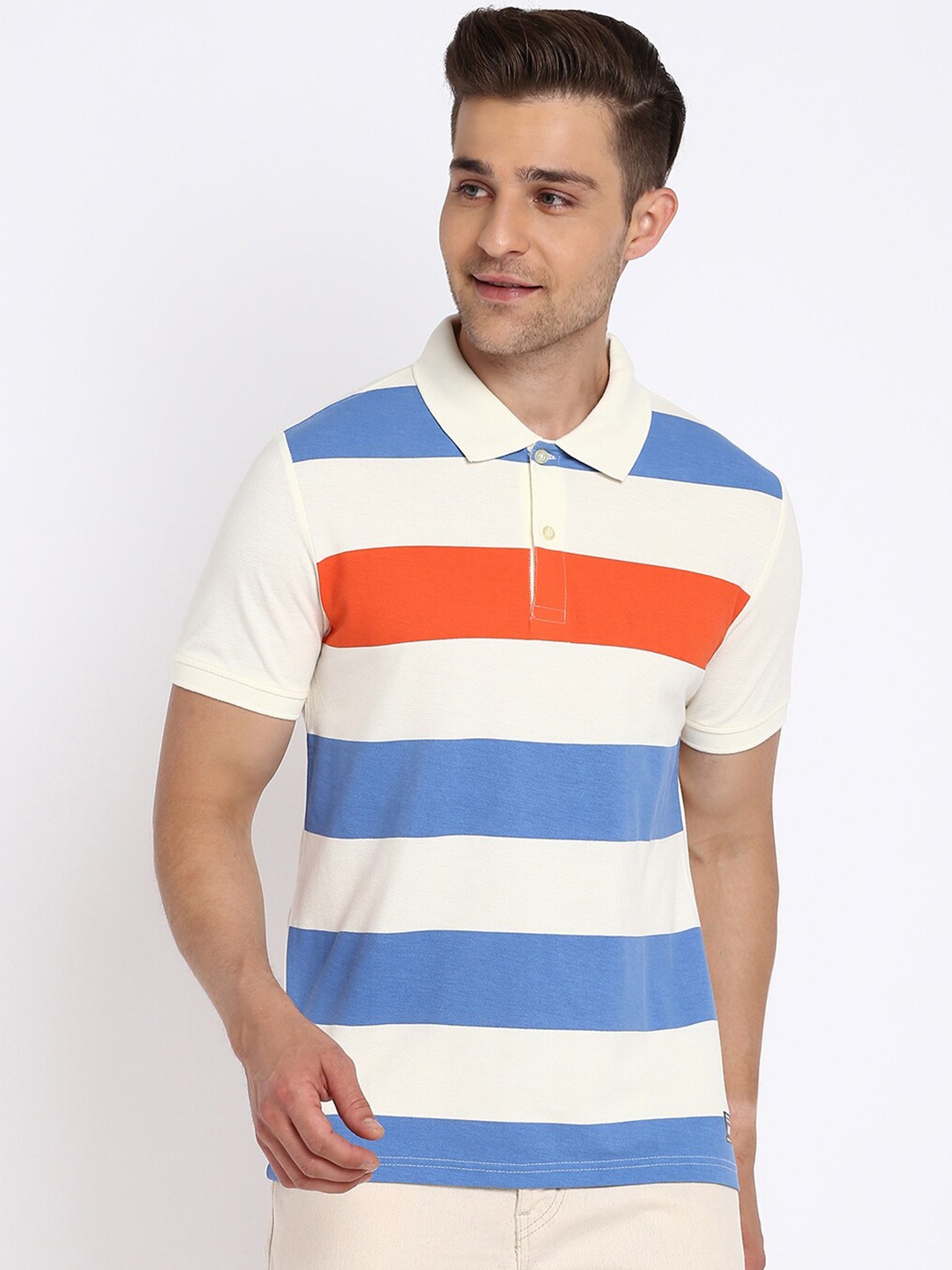 

abof Men White Striped Polo Collar Applique T-shirt