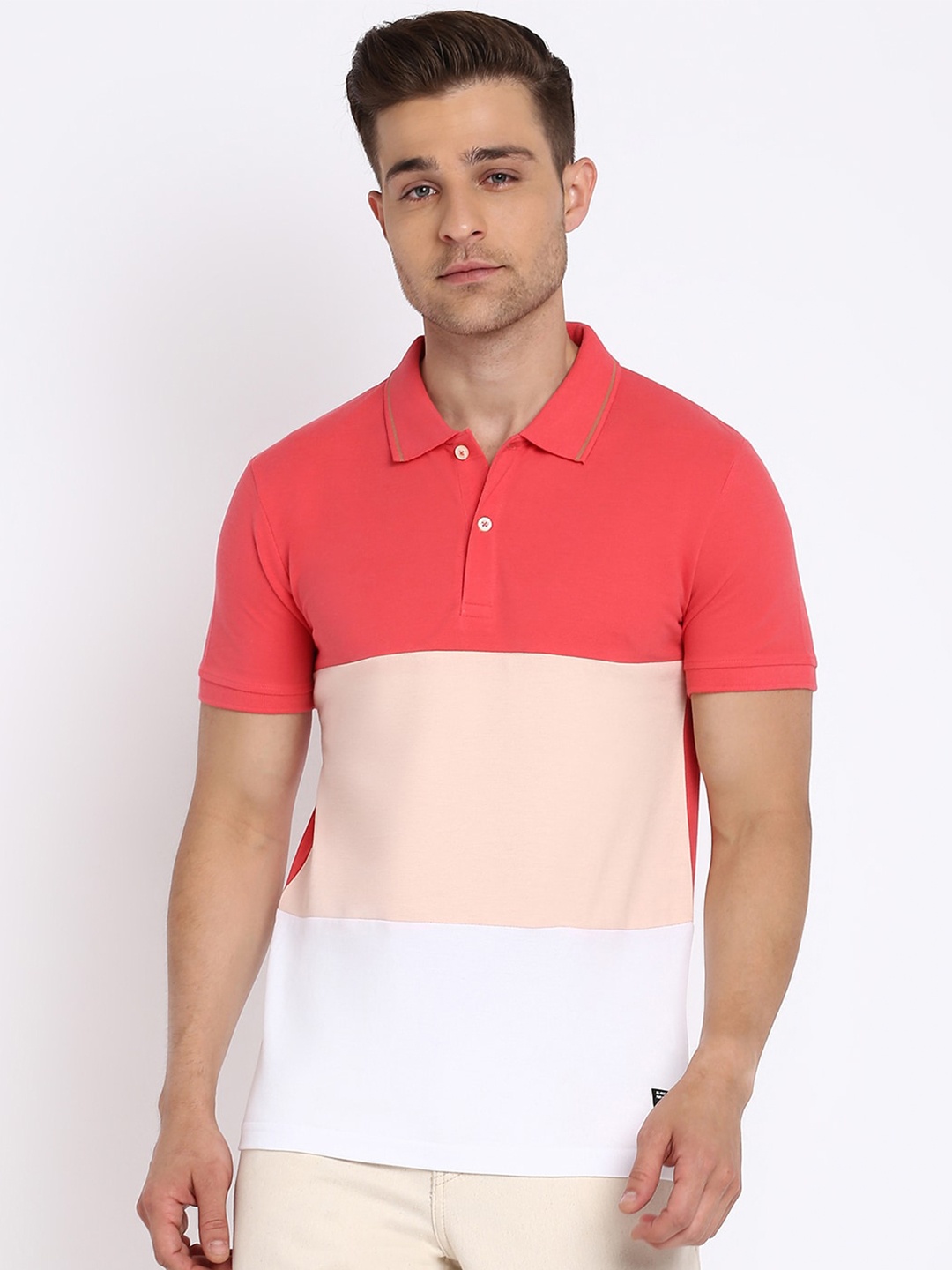 

abof Men Pink Striped Polo Collar T-shirt