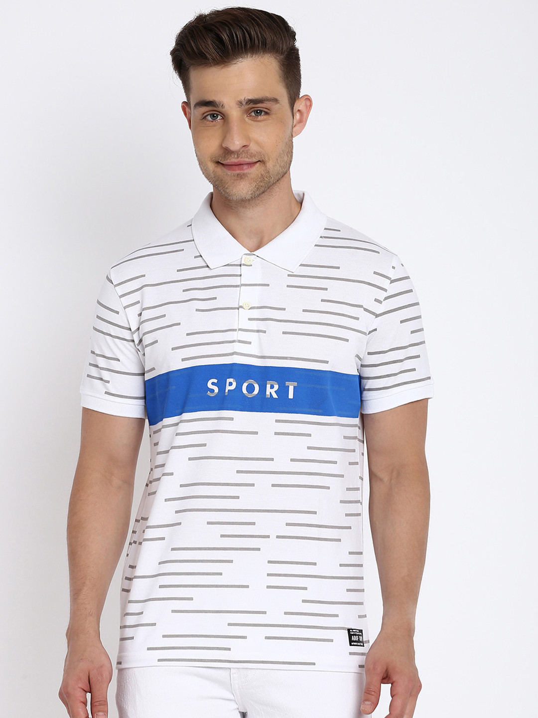 

abof Men White Striped Polo Collar T-shirt