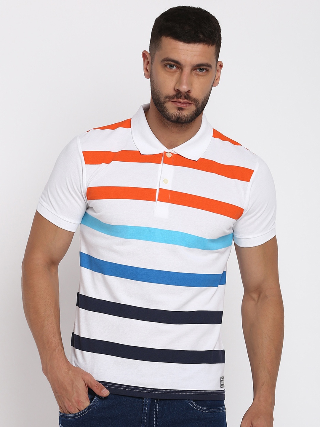 

abof Men White Striped Polo Collar T-shirt