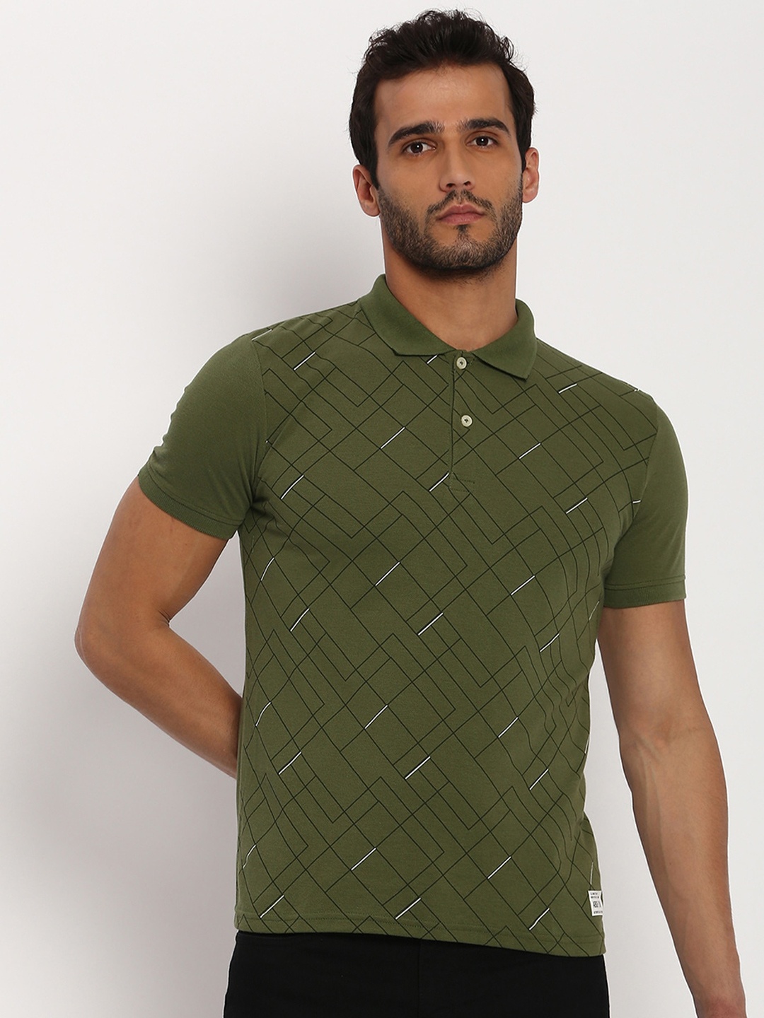 

abof Men Olive Green Typography Printed Henley Neck T-shirt