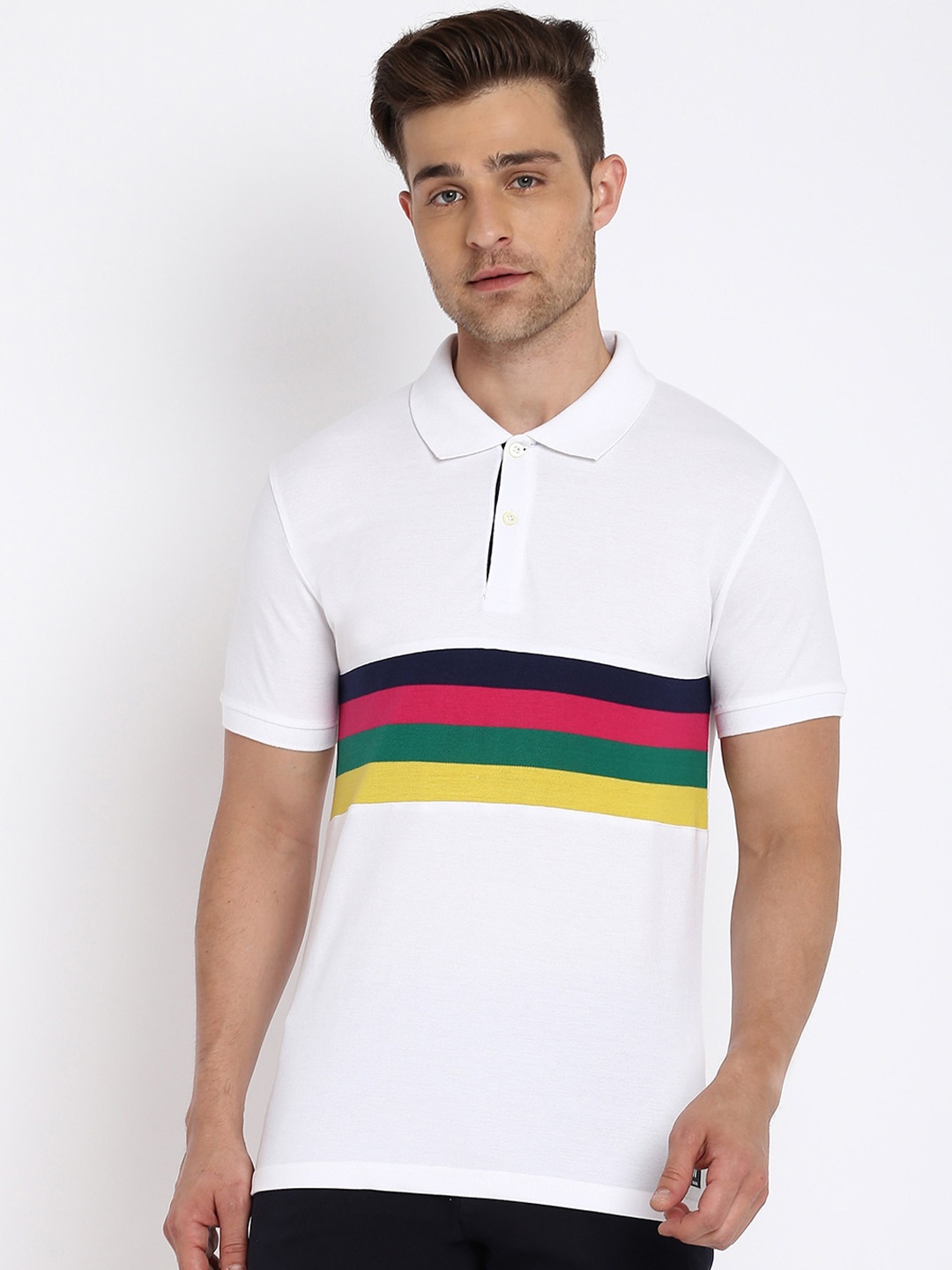 

abof Men White Striped Polo Collar Applique T-shirt