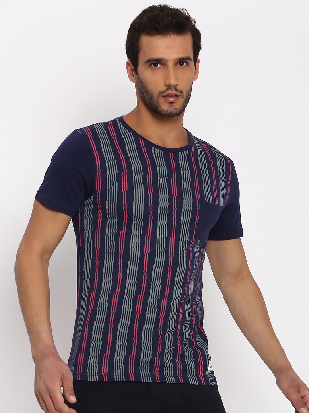 

abof Men Navy Blue Striped T-shirt